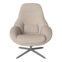 Light beige upholstered chair with subtle textured pattern and sleek silver metal base. Ideal for modern decor.
