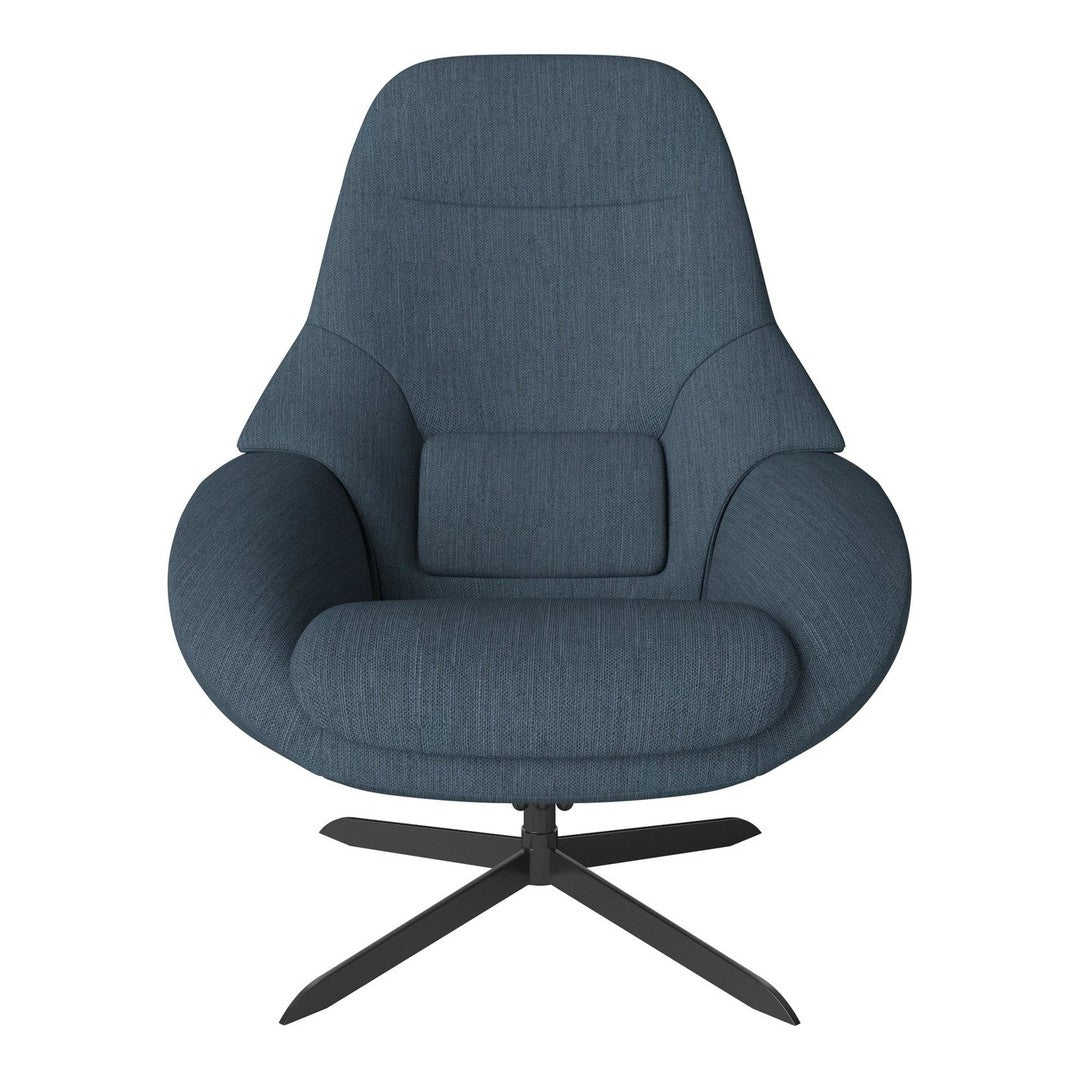 Blue upholstered chair with a textured fabric and modern design, featuring a sleek black metal base.