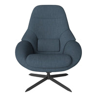 Blue upholstered chair with a textured fabric and modern design, featuring a sleek black metal base.
