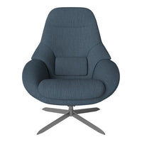 Textured dark blue upholstered chair with a modern design and sleek silver metal base.