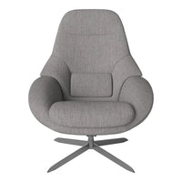 Gray upholstered chair with a smooth, modern silhouette and minimalist design, featuring a subtle texture.