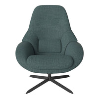 Teal upholstered lounge chair with textured fabric and sleek black metal base. Modern design for stylish interiors.