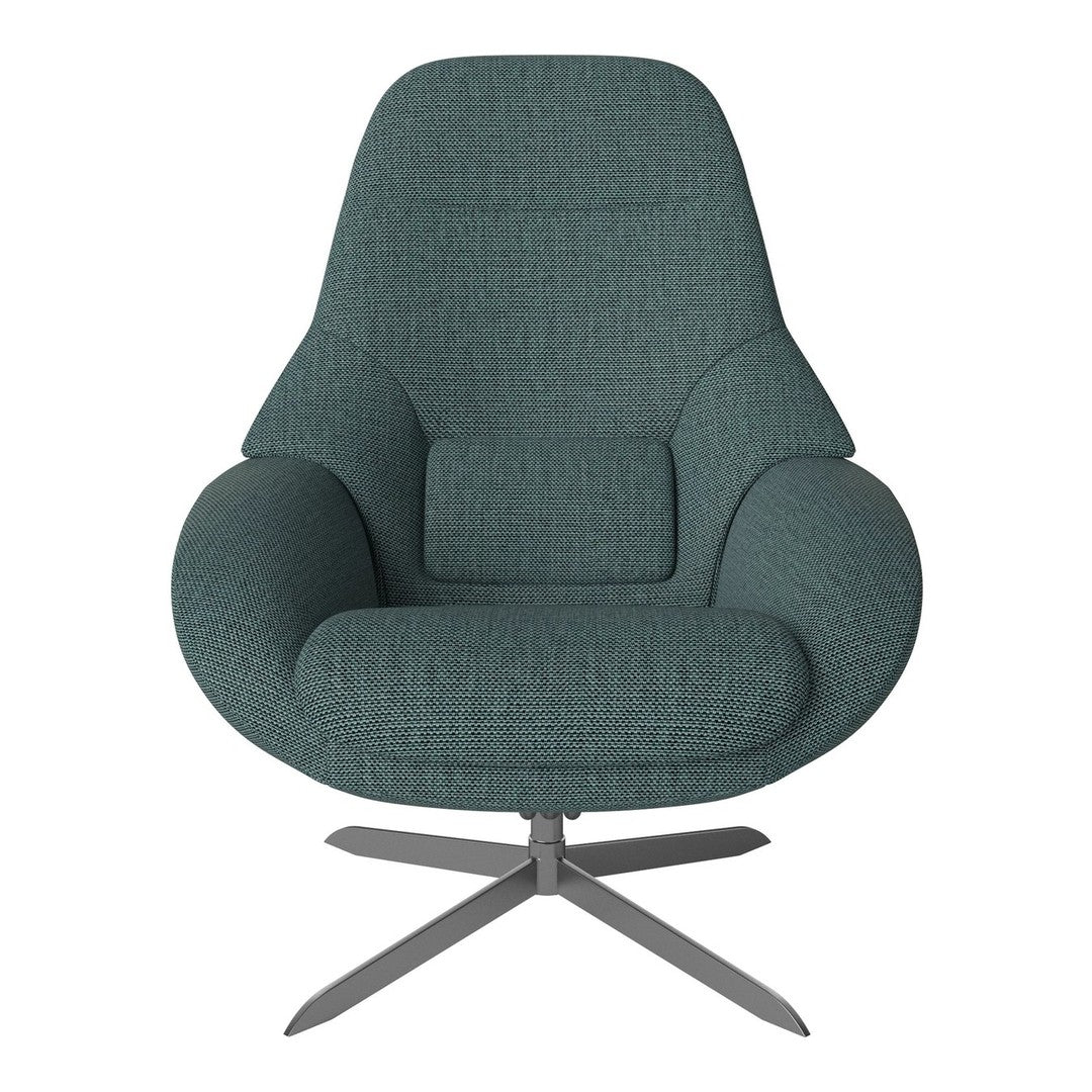 Teal upholstered chair with a textured pattern, featuring a modern design and a sleek, metallic base.
