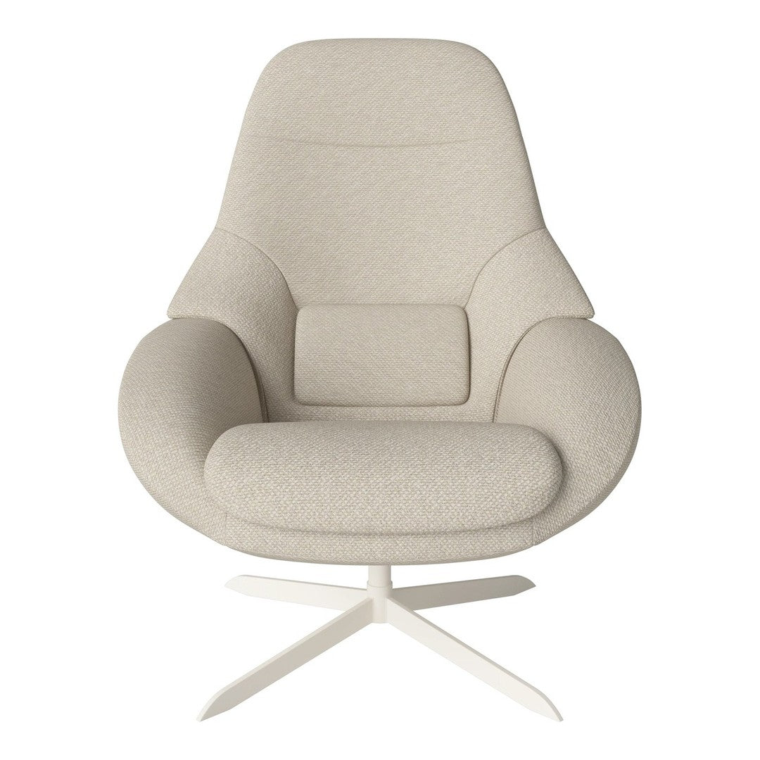 Light beige armchair with a smooth, minimalist fabric texture and a modern, stylish design. Metal base adds elegance.