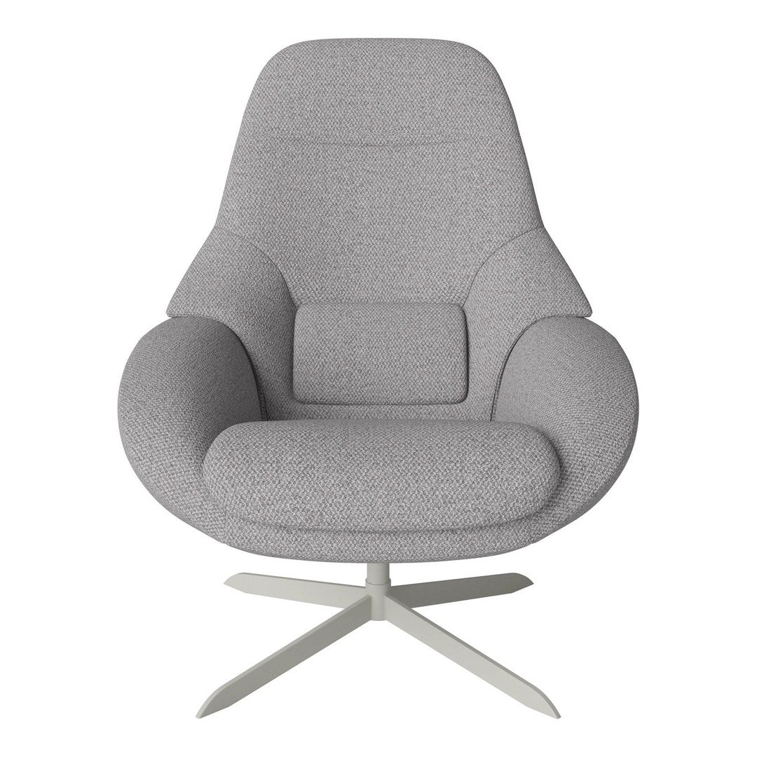 Gray upholstered chair with a smooth texture and minimalist design, featuring a solid metal base.