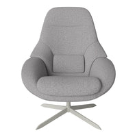 Gray upholstered chair with a smooth texture and minimalist design, featuring a solid metal base.