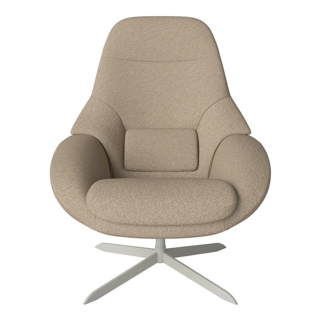 Beige upholstered chair with a smooth, minimalist design and a sleek silver base. Perfect for modern interiors.