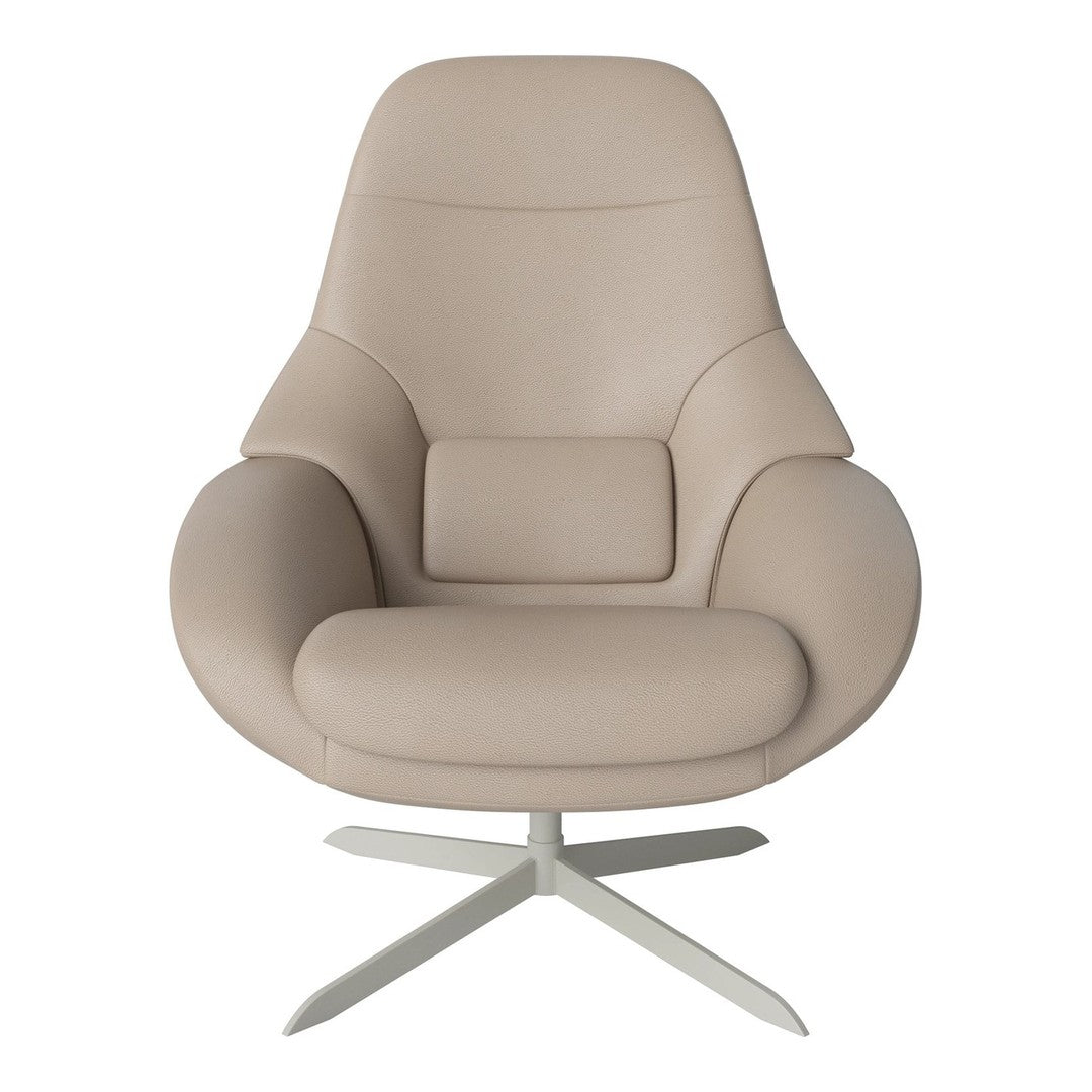 Beige upholstered armchair with smooth, modern curves and a sleek silver base. Perfect for contemporary decor.