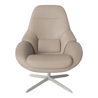 Beige upholstered armchair with smooth, modern curves and a sleek silver base. Perfect for contemporary decor.