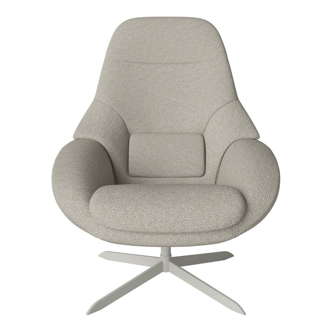 Light gray upholstered armchair with a smooth, minimalist design and a star-shaped metal base.