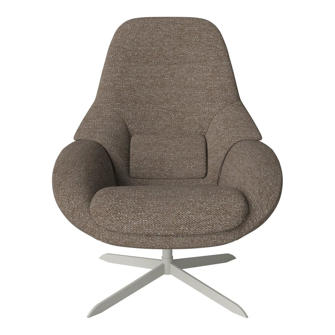 Stylish brown armchair with a textured fabric and a smooth, minimalist design, perfect for modern interiors.