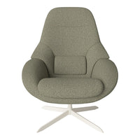 Olive green fabric chair with a smooth, minimalist design and white metal base, perfect for modern decor.