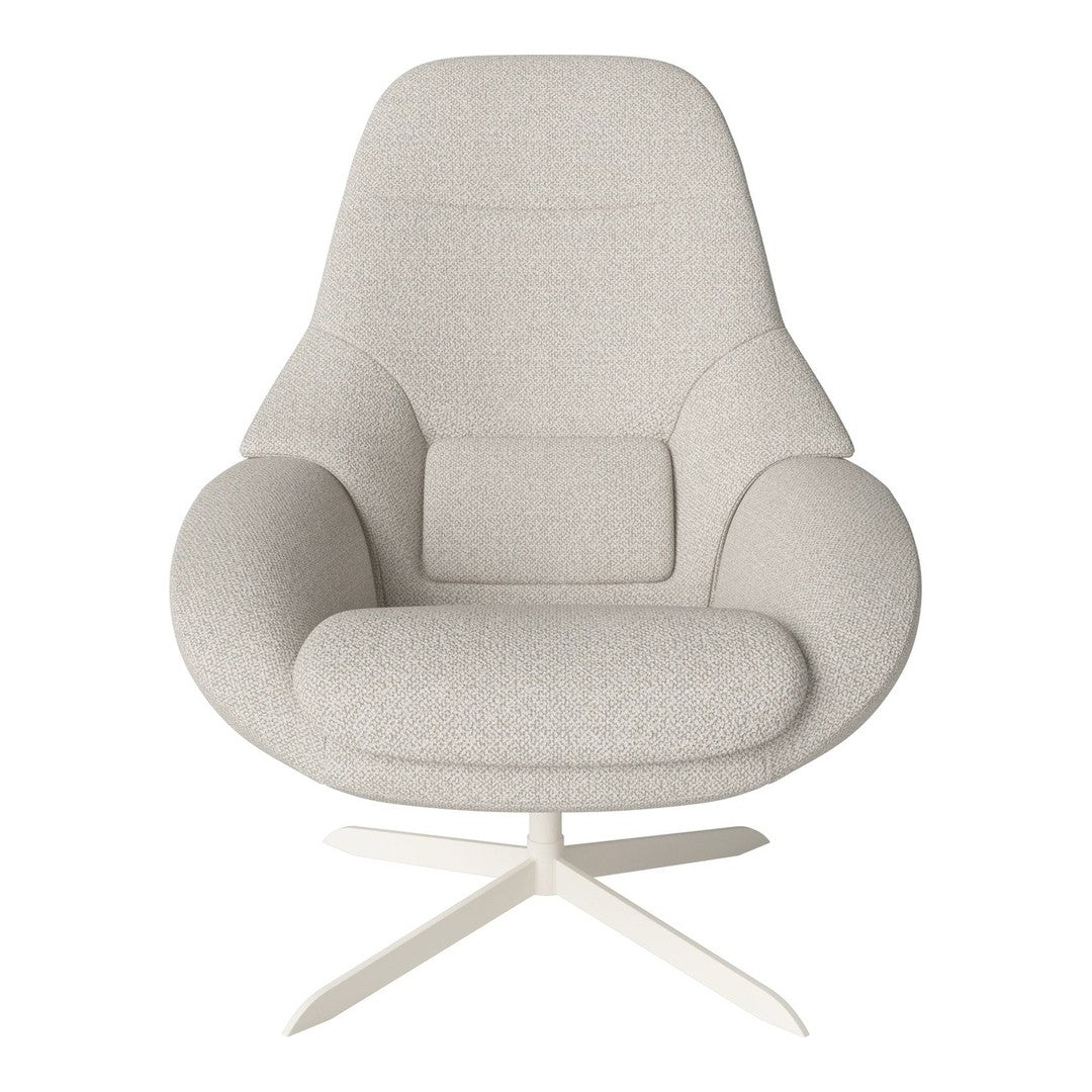Light grey upholstered chair with a modern design and smooth texture, featuring a minimalist white base.