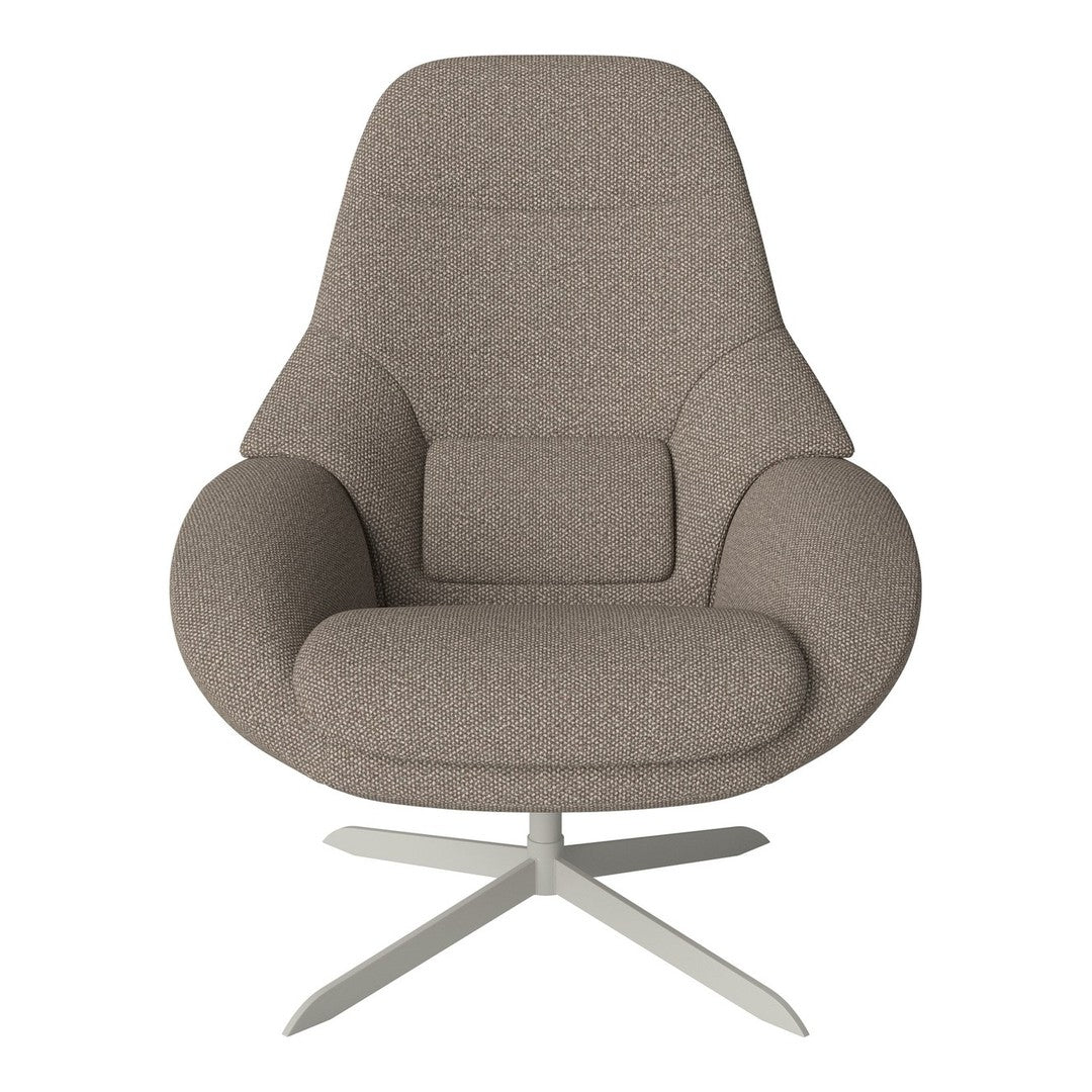 Soft beige fabric armchair with smooth contours, featuring a minimalist design and a silver base. Perfect for modern decor.