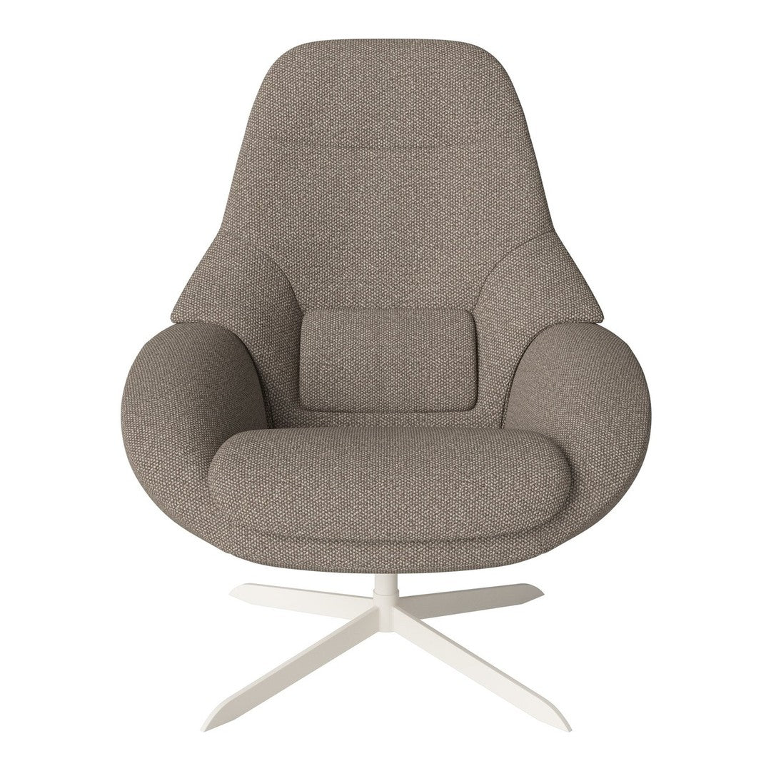 Modern armchair in soft beige fabric with a textured pattern, featuring a sleek white base.