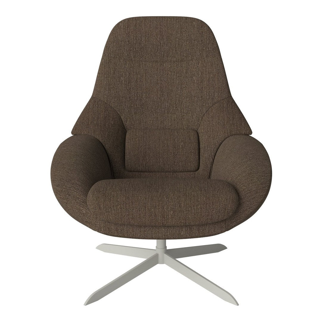 Brown upholstered armchair with a smooth texture and modern silhouette, featuring a minimalist design and sleek metal base.