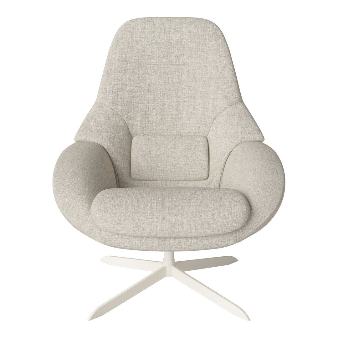Light beige ergonomic chair with a smooth, minimalist design and subtle texture, featuring a sleek white base.