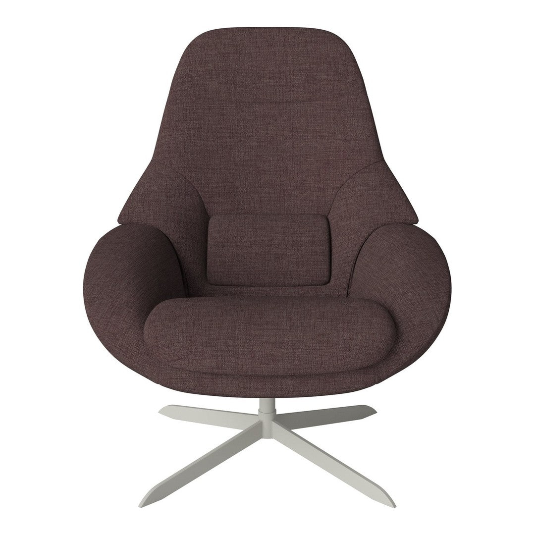 Brown textured upholstery armchair with a modern design and silver base. Perfect for stylish interiors.