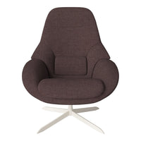 Cozy dark brown upholstered chair with a smooth, minimalist design and a stylish white base.