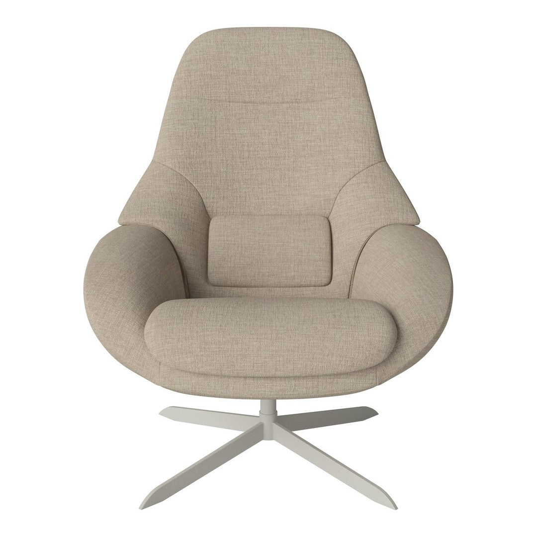 Beige upholstered chair with smooth, modern curves and a minimalistic silver base. Ideal for contemporary decor.