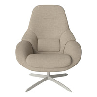 Beige upholstered chair with smooth, modern curves and a minimalistic silver base. Ideal for contemporary decor.