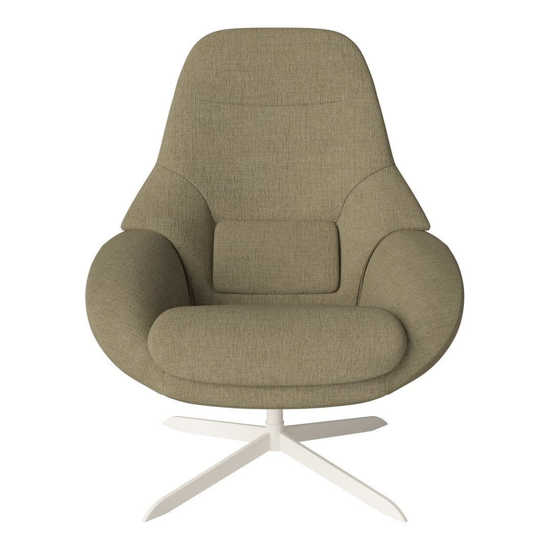 Olive green chair with a modern, smooth fabric and a minimalist design, featuring a circular base and plush cushioning.
