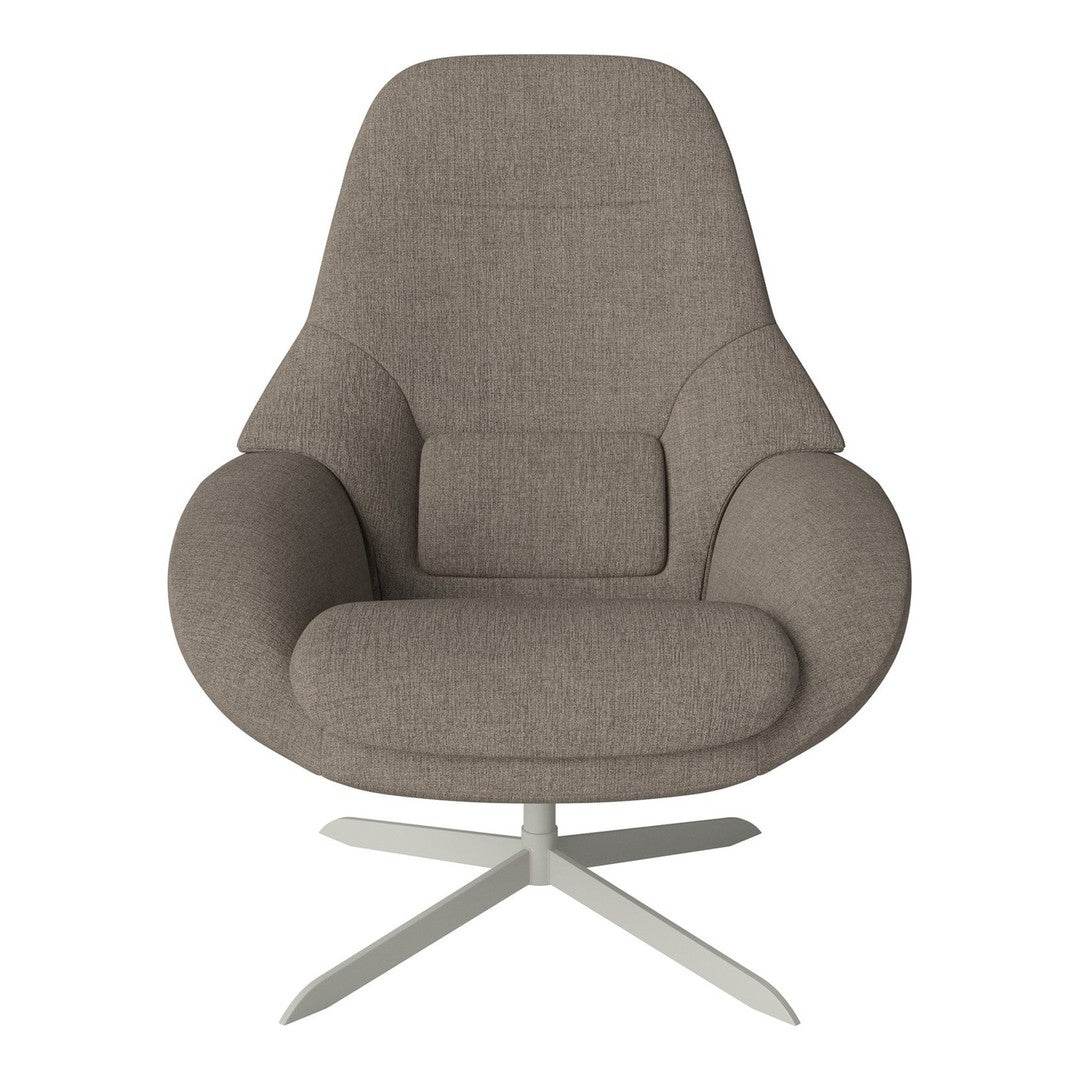 Stylish taupe upholstered chair with smooth curves and a sleek metallic base, perfect for modern interiors.