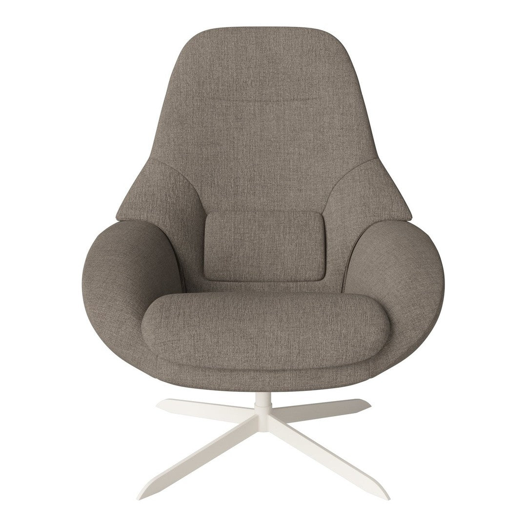 Gray upholstered chair with smooth, minimalist design and subtle texture on a white base.