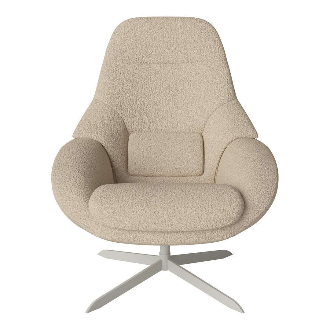 Beige upholstered armchair with a smooth, textured fabric and sleek, minimalist design.