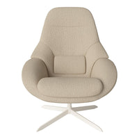 Beige textured armchair with a minimalist design and a sleek white base. Perfect for modern decor.