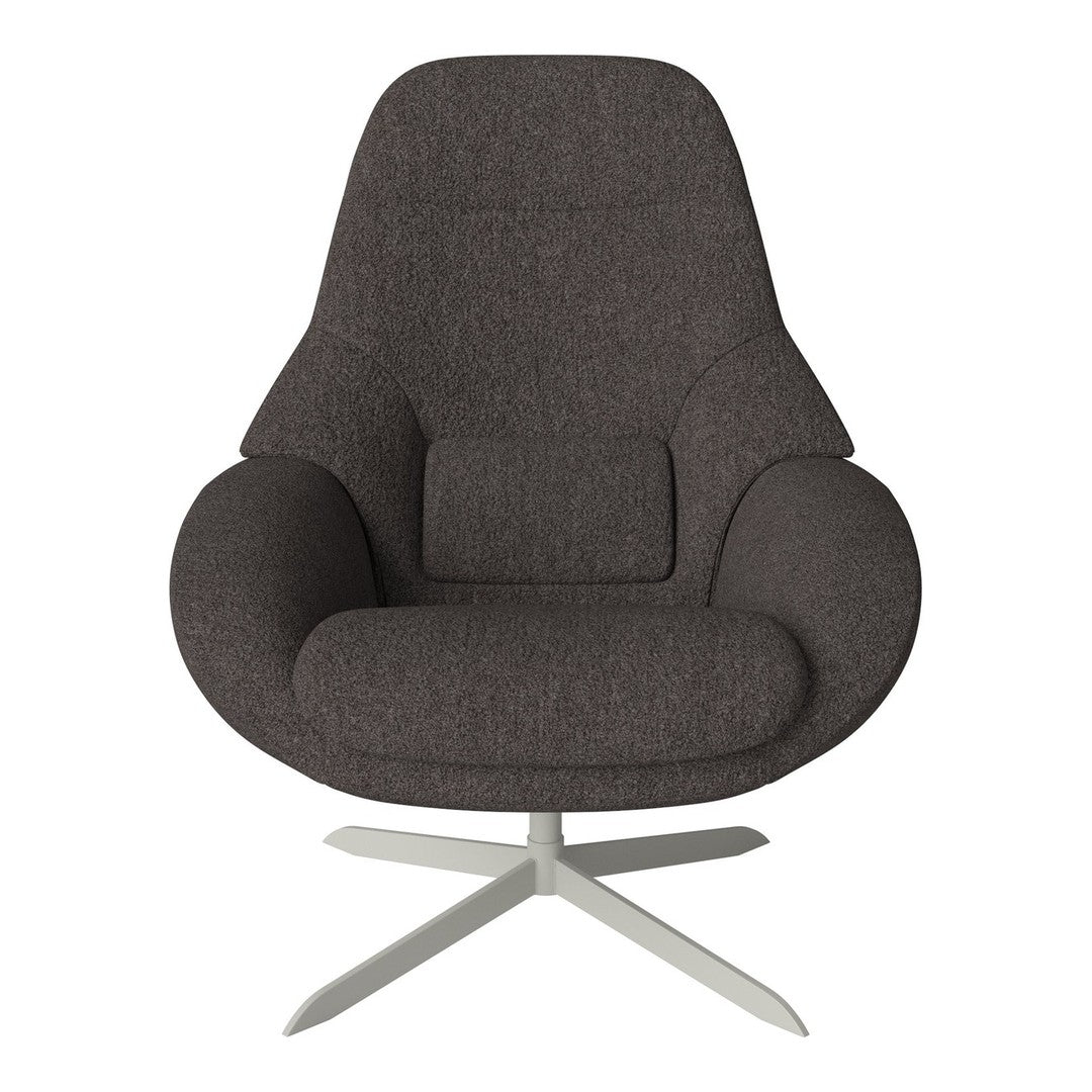 Cozy dark gray upholstered chair with smooth, rounded contours and a sleek, silver base. Perfect for modern interiors.