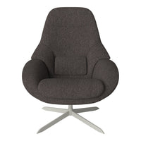 Cozy dark gray upholstered chair with smooth, rounded contours and a sleek, silver base. Perfect for modern interiors.