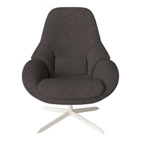 Stylish dark gray upholstered chair with a smooth, modern silhouette and soft, rounded contours.