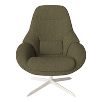 Olive green upholstered chair with smooth curves and subtle texture, featuring a modern white base.