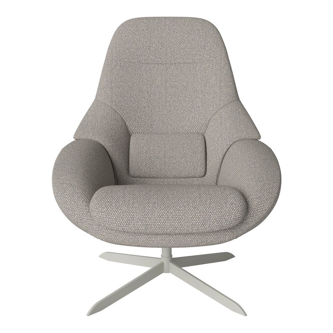 Stylish light gray upholstered chair featuring a smooth fabric texture and modern design with soft, rounded edges.