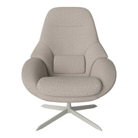 Light gray, textured fabric armchair with a sleek, modern design and a polished metal base.