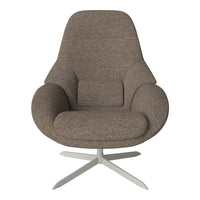 Mid-century modern chair in warm brown upholstery with a textured pattern and sleek silver base.