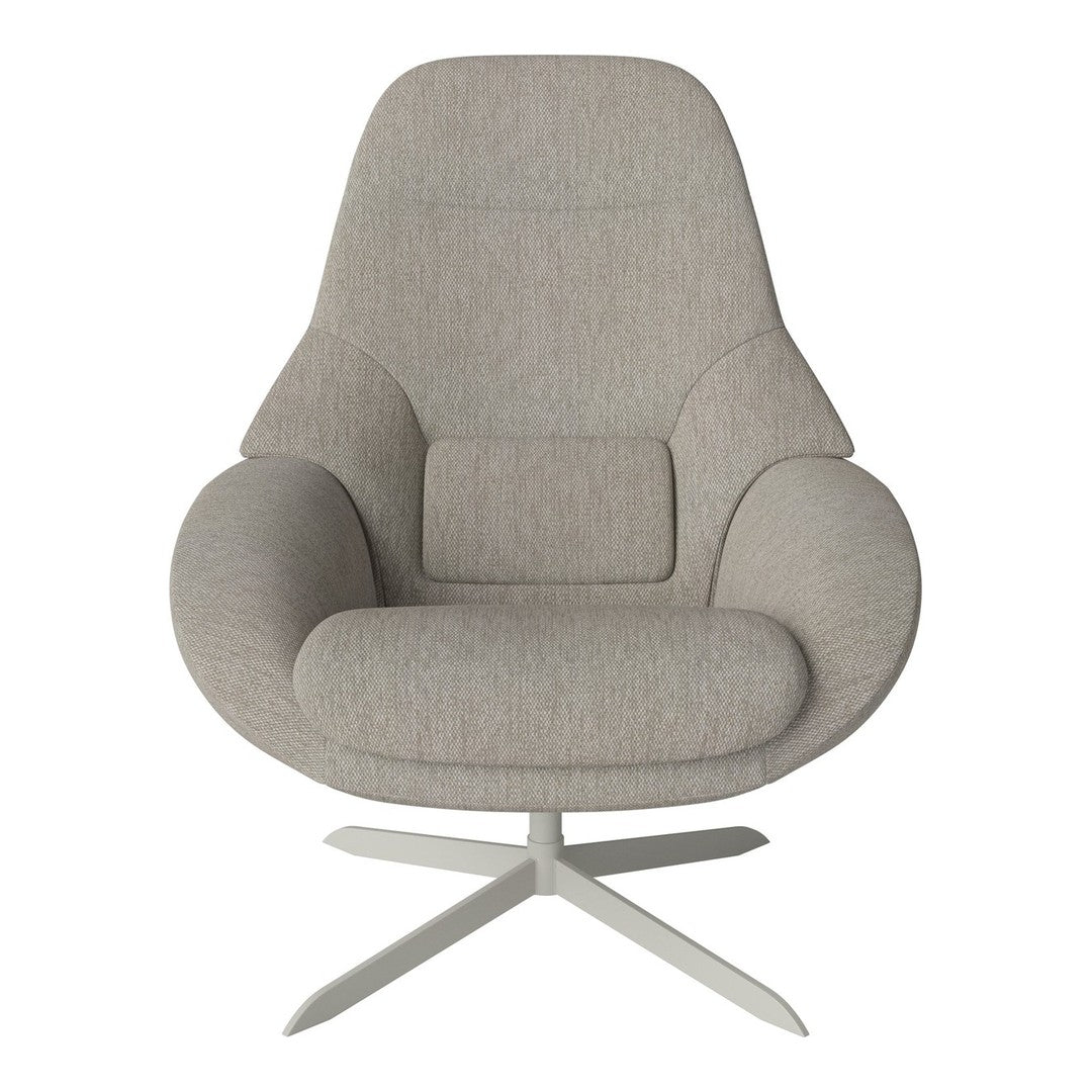Light gray upholstered chair with a smooth, minimalist design and a sleek, white base. Ideal for modern interiors.