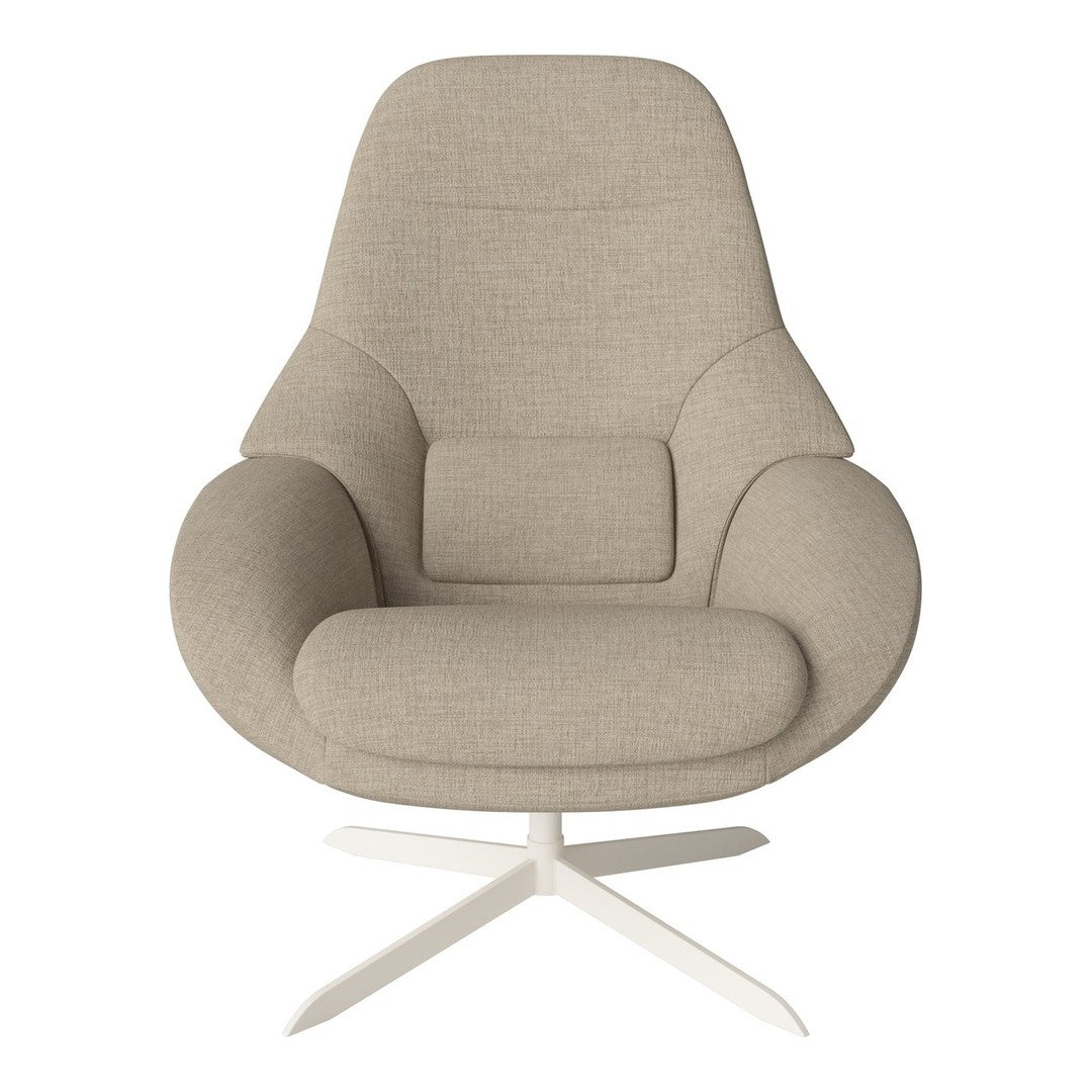 Beige upholstered armchair with a smooth fabric texture and minimalist design, featuring a light-colored base.