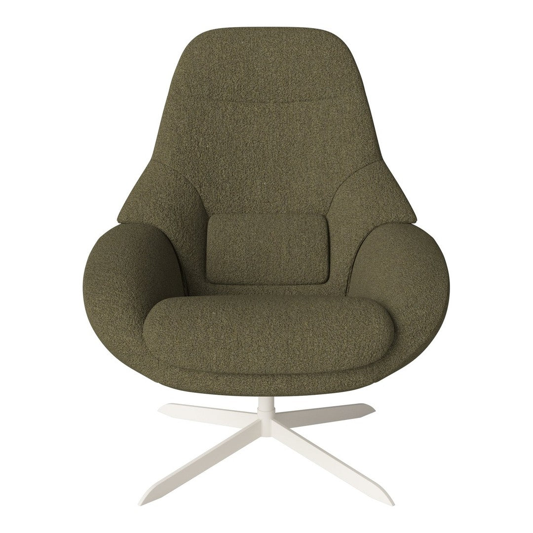 Olive green textured upholstery armchair with a smooth, modern design and a white metal base.
