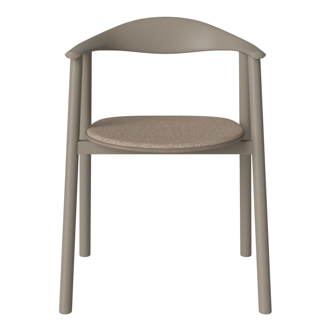 Light taupe chair with a textured beige seat, featuring a minimalist design and smooth, curved backrest.