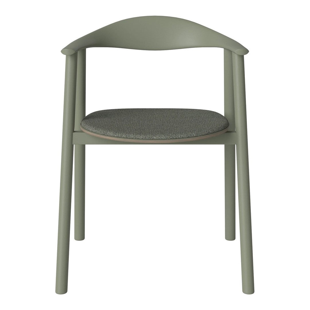 Green wooden chair with a curved back and grey upholstered seat, showcasing a minimalist design.