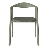 Green wooden chair with a curved back and grey upholstered seat, showcasing a minimalist design.