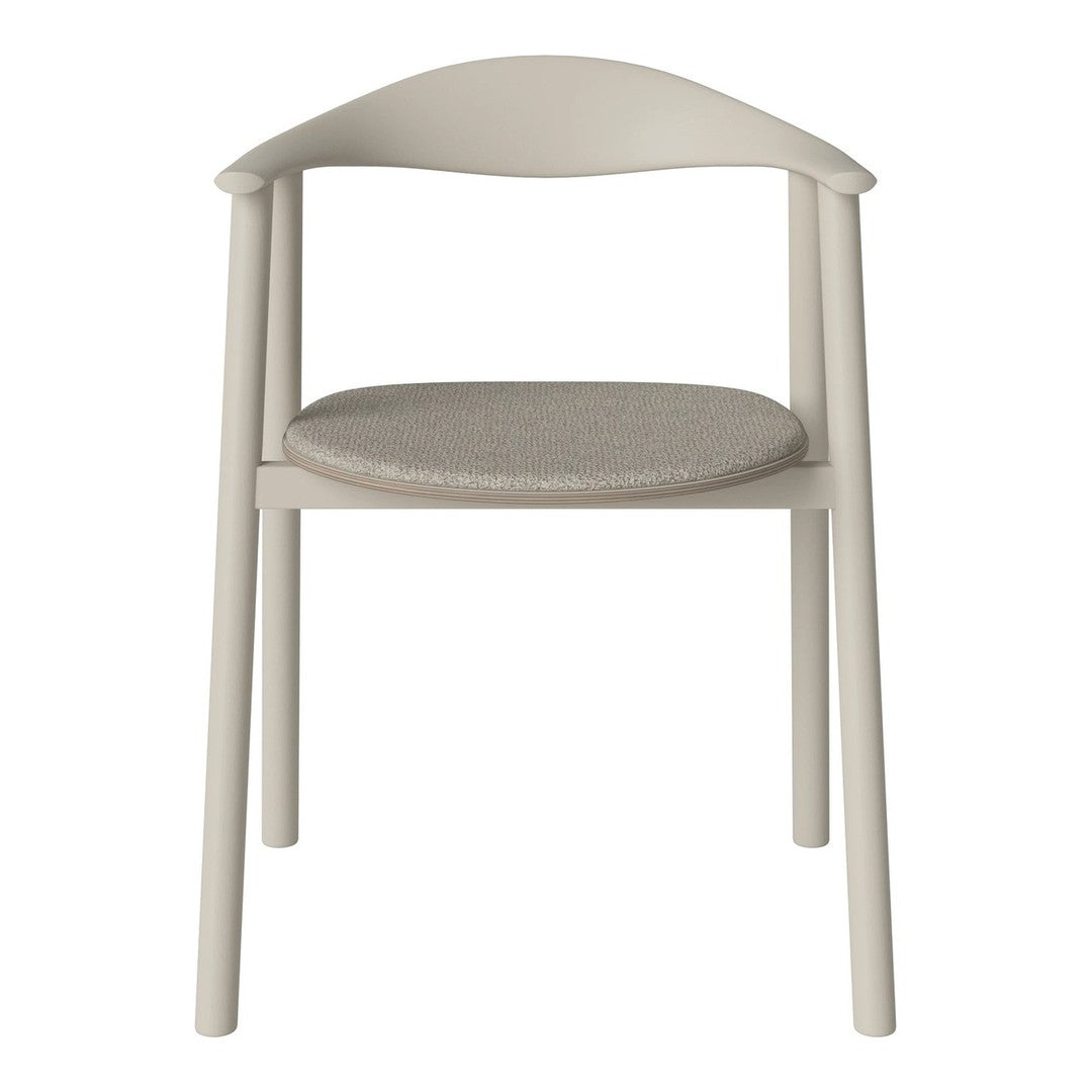 Light gray wooden chair with a textured beige seat cushion, featuring a minimalist design and soft curves.