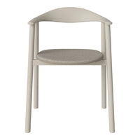 Light gray wooden chair with a textured beige seat cushion, featuring a minimalist design and soft curves.