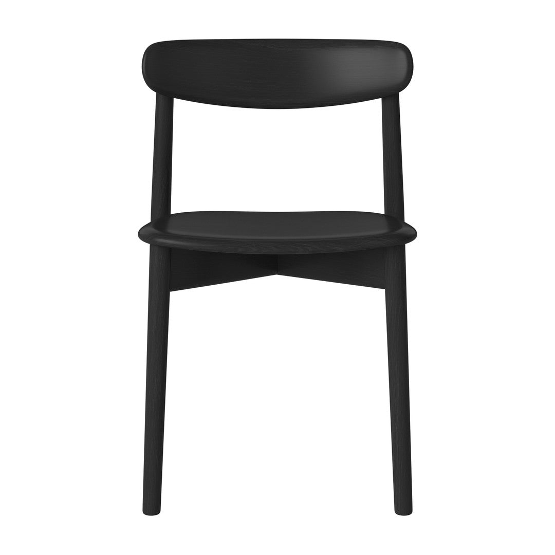 Sleek black dining chair with a minimalist design, featuring clean lines and a smooth finish. 