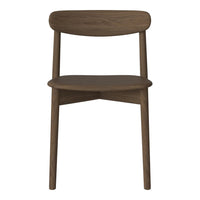 Brown wooden chair with a minimalist design featuring a smooth, evenly stained surface and sleek lines.
