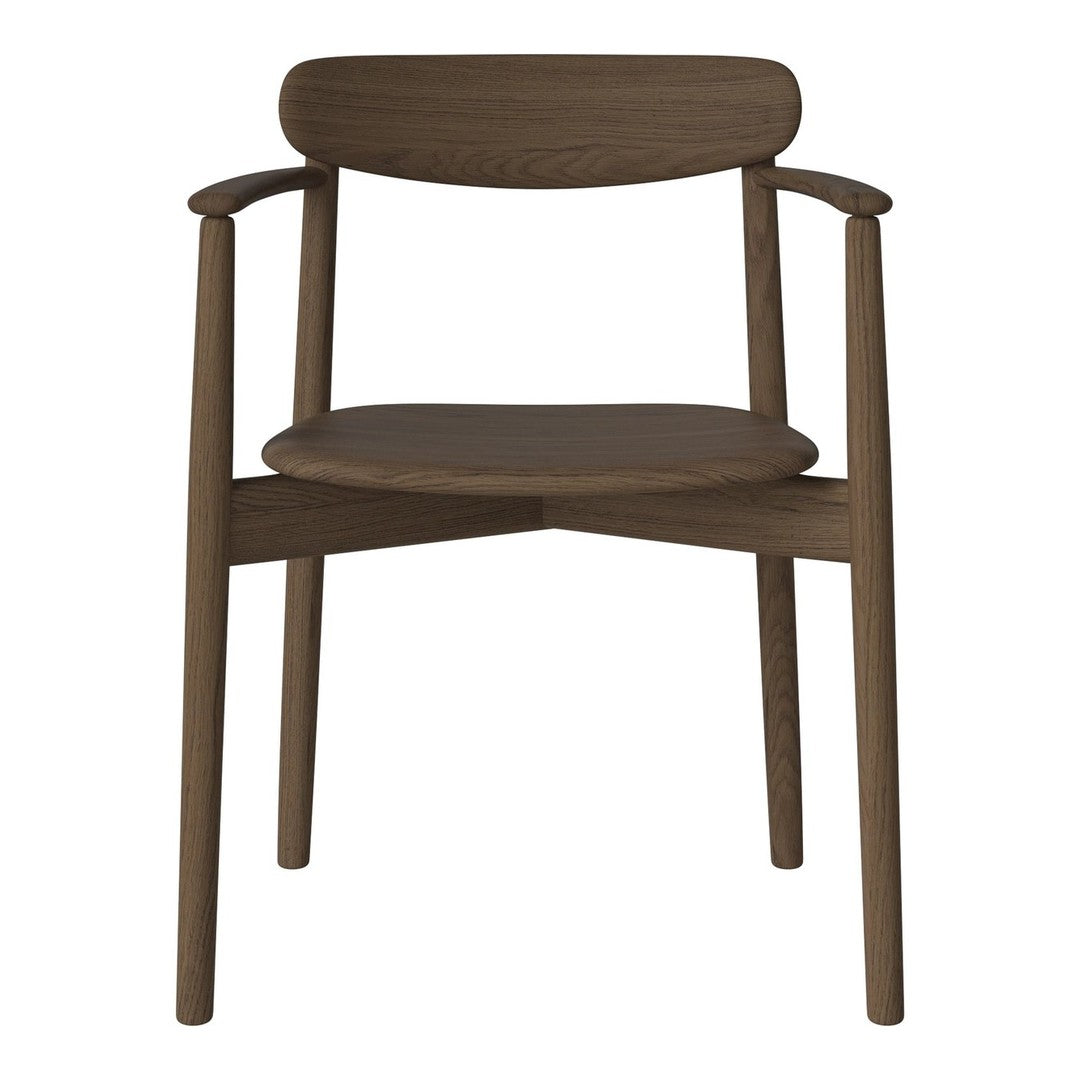 Brown wooden chair with a smooth finish, featuring a minimalist design and natural wood grain patterns.