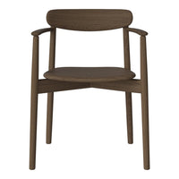 Brown wooden chair with a smooth finish, featuring a minimalist design and natural wood grain patterns.