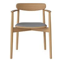 Natural wood armchair with a light gray cushioned seat and minimalist design.